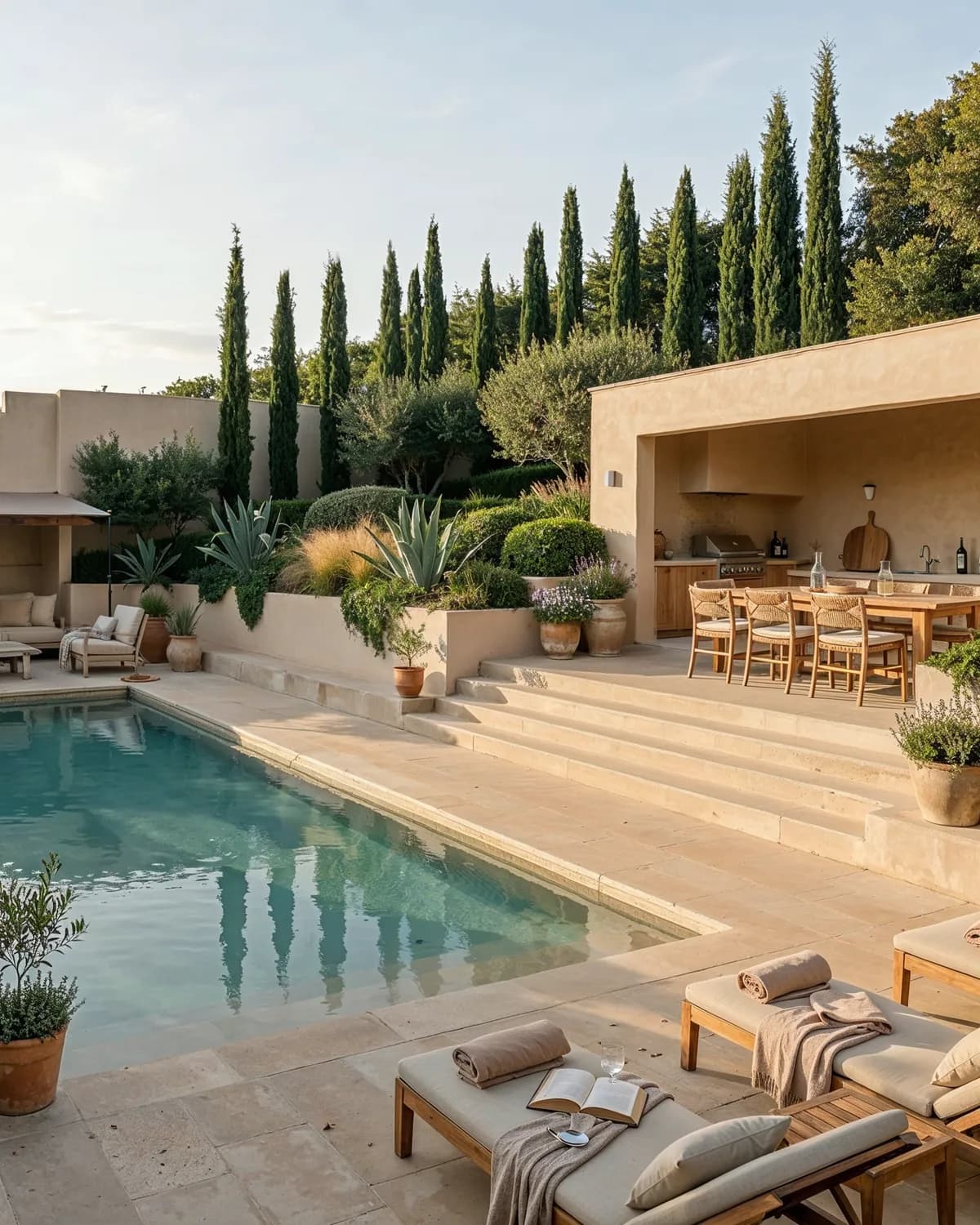 Piscine bordée de plages en pierre claire face à un pool house ouvert avec cuisine extérieure et grande table, rideau de cyprès et agaves en arrière-plan à la lumière du soir